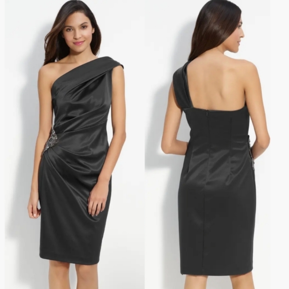 Eliza J Nordstorm Beaded One Shoulder Satin Midi Dress